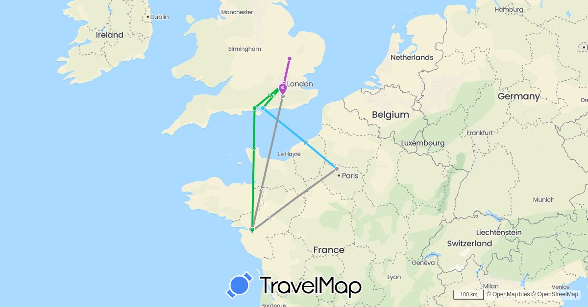 TravelMap itinerary: bus, plane, train, boat in France, United Kingdom (Europe)