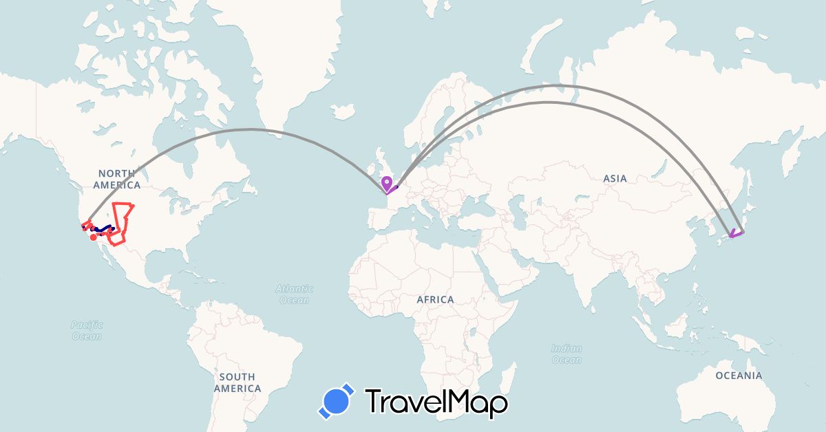 TravelMap itinerary: driving, bus, plane, train, hiking in France, Japan, United States (Asia, Europe, North America)
