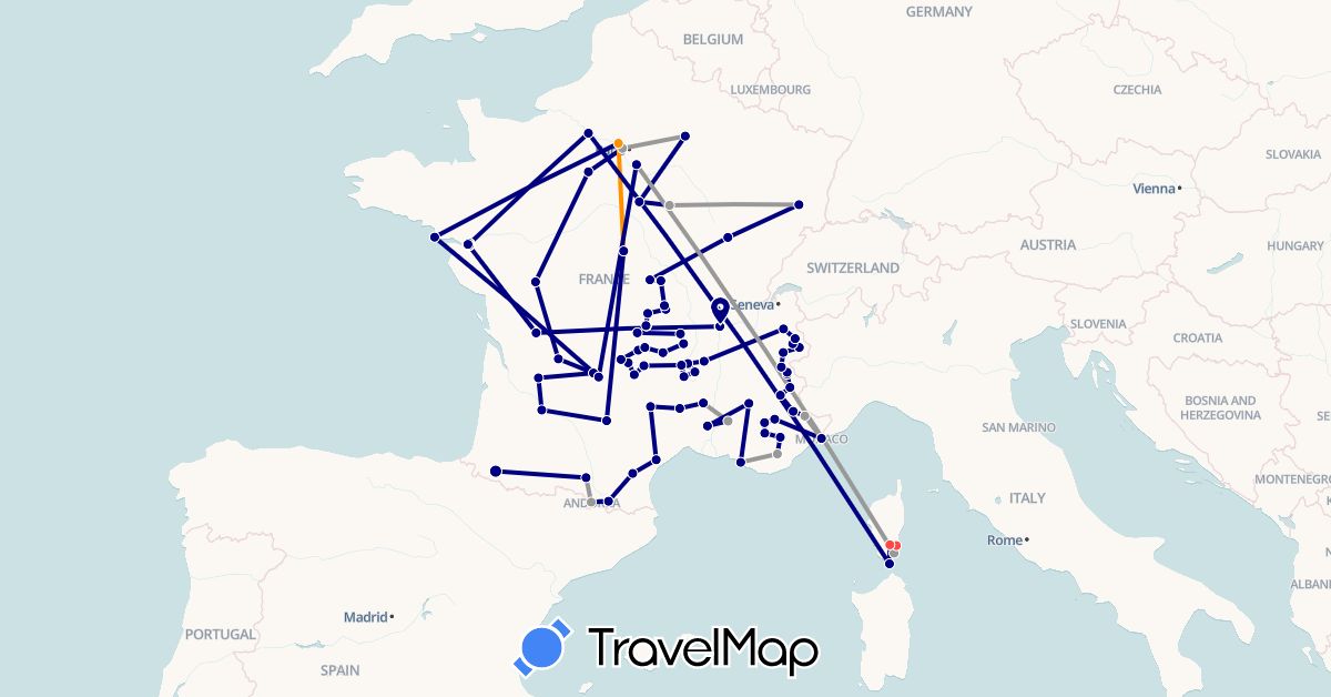 TravelMap itinerary: driving, plane, hiking, hitchhiking in Andorra, France, Monaco (Europe)