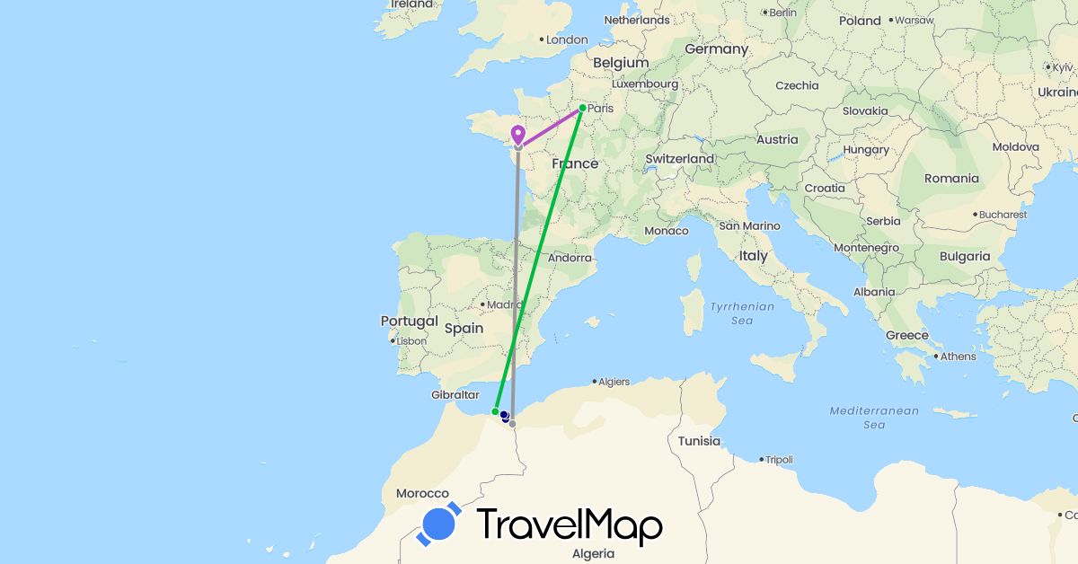 TravelMap itinerary: driving, bus, plane, train in Spain, France, Morocco (Africa, Europe)