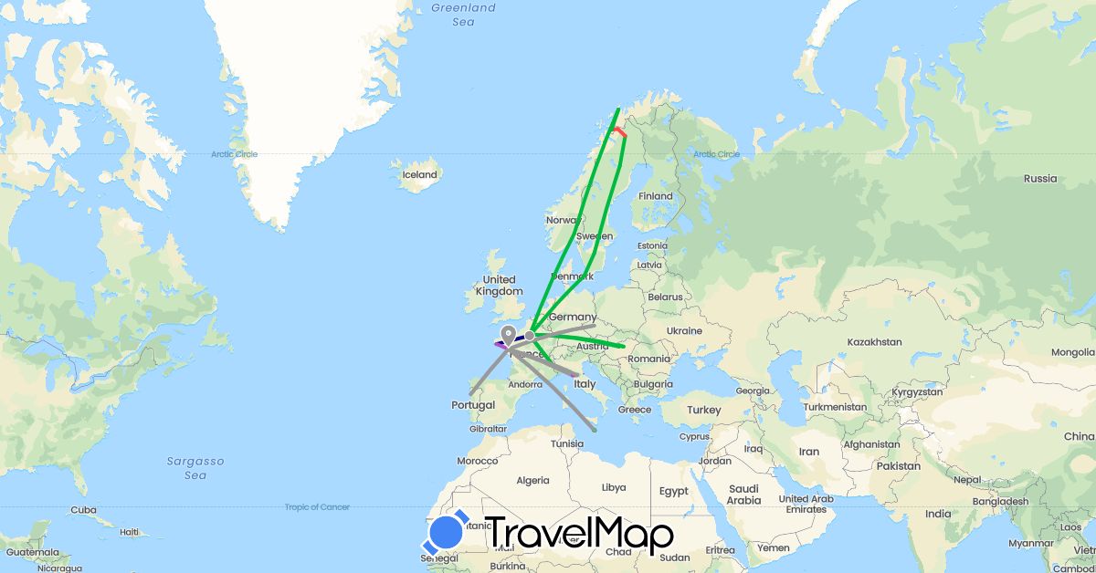 TravelMap itinerary: driving, bus, plane, train, hiking, boat, hitchhiking in Czech Republic, Denmark, France, Hungary, Italy, Malta, Norway, Portugal, Sweden (Europe)