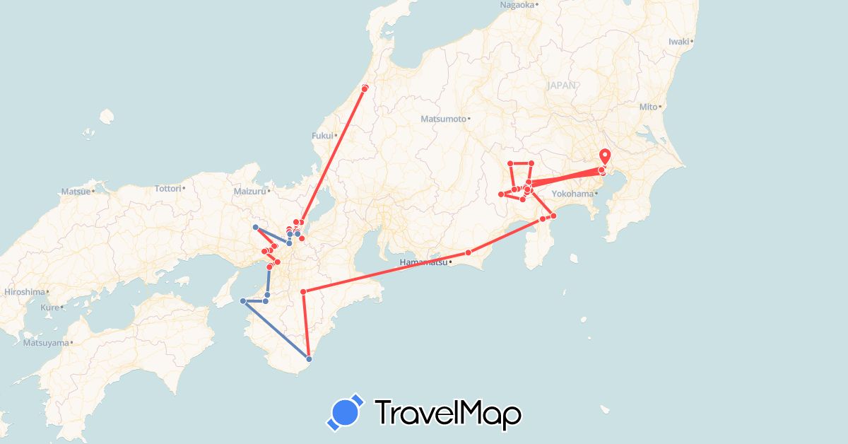 TravelMap itinerary: cycling, hiking in Japan (Asia)